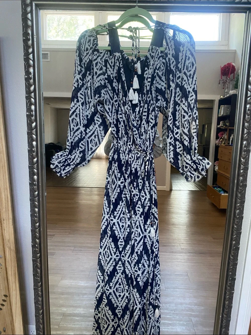 Tory Burch Navy and White Printed Maxi Dress with Tassel Tie